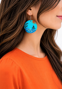 Cercei Handmade Turcoaz din Piele Naturala cu Design de Barcuta si Palmier - 1