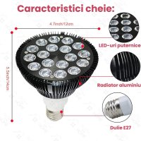 Bec terapeutic cu lumina infrarosie GlowforHome, vindecare leziuni, 18 LED-uri 660 nm, 850nm infrarosu, dulie E27, negru - 4