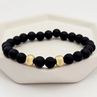 Bratara pietre semipretioase Onix mat de 8 mm - Bilute din Argint 925 placat cu Aur Galben - Snur elastic - 1