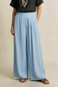 Pantaloni de vara bleu din in cu croiala ampla si pliuri - 1