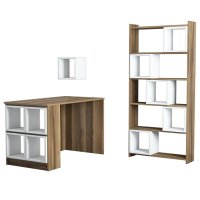 Set birou si biblioteca BOX, 3 piese, finisaj nuc si alb - 1