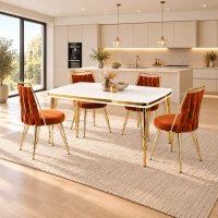 Set Masa Reina cu 4 Scaune pentru Bucatarie, Homs 80 x 140 cm, Alb si Auriu - 1