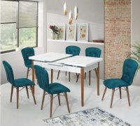 Set masa extensibila Homs cristal cu 6 scaune tapitate in bej si cobalt, 170 x 80 cm - 1