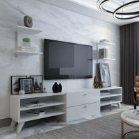Comoda TV Alma Homs Alba cu 2 Rafturi Suspendate, 1200 mm - 1