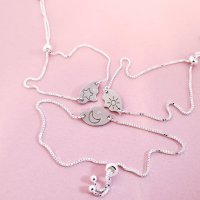 Set 3 bratari cu Diamant natural - Pandantive personalizate cu soare, luna si stea - Lantisor glisant ajustabil - Argint 925 - 1