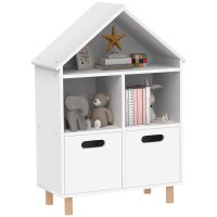 Biblioteca AIYAPLAY pentru copii - Mobilier de depozitare cu 3 nivele si 2 sertare, forma de casa, 63,7 x 29,7 x 89 cm, alb | Aosom Romania - 1