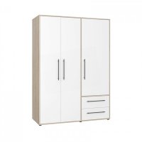 Dulap MKSS833-Q36 pentru haine, 3 usi, rafturi si sertare, sonoma cu fronturi albe, dimensiuni 144x58x200 cm - 1