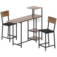 Set bar HOMCOM cu blat extensibil si rabatabil, 2 scaune, suport pentru vin si pahare, maro - 1
