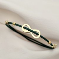 Brățara Infinitul Meu - Șnur verde Gros si 2 bilute de 3 mm - Argint 925 placat cu Aur Galben 18K - 1