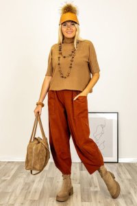 Pulover versatil cu maneci scurte ribbed si guler inalt, din vascoza, camel - 1