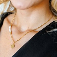 Lantisor cu Perle - Spirala de picaturi - Model 5 perle imbinate cu un lant cu zale - Diamant natural - Argint 925 placat cu Aur Galben 18K - 1