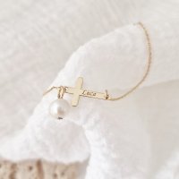 Bratara cruce cu picatura de Perla - Model cu lantisor elegant - Aur Galben 9K - 1