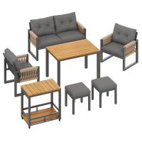 Set canapea modern pentru exterior cu masă detașabilă, cotiere împletite și perne confortabile, Gri/Natural - 1