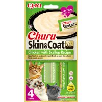 INABA Churu Skin & Coat, Pui și Scoici, plic, tub recompense fără cereale pisici, piele & blană, (piure), 56g - 2