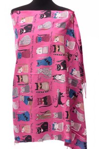 Esarfa tip cashmere cu pisicute cochete, fond fucsia, 180 x 68 cm - 1