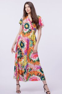 Rochie florala cu talie elastica si decolteu in V, verde-portocalie - 1