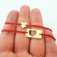 Set 2 bratari personalizate - Placuta si inimioara din Aur Galben 14K cu snur reglabil - 1