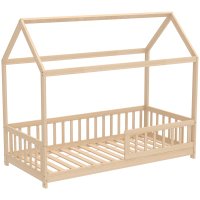 HOMCOM Pat pentru copii tip casuta din lemn de pin, 96x195x165 cm, culoare lemn - 1