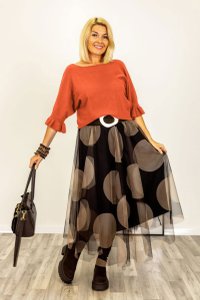 Pulover caramiziu cu maneci scurte si volane la mansete din vascoza - 1