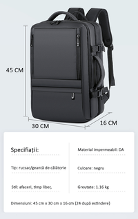 Rucsac Calatorie Extensibil, Laptop 17", pentru Avion, Impermeabil, port USB, pana la 40 L, Negru denim, OBRALIX® - 9