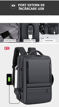 Rucsac Calatorie Extensibil, Laptop 17", pentru Avion, Impermeabil, port USB, pana la 40 L, Negru denim, OBRALIX® - 15