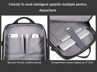 Rucsac Calatorie Extensibil, Laptop 17", pentru Avion, Impermeabil, port USB, pana la 40 L, Negru denim, OBRALIX® - 14