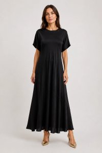Rochie maxi din satin cu matase si vascoza, neagra, design fluid si croi amplu - 1