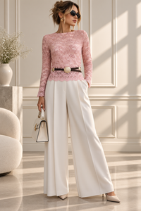Bluza eleganta pentru femei din dantela elastica cu detalii din catifea, nuanta roz prafuit - 1