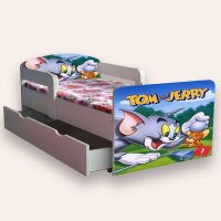Pat pentru copii Tom si Jerry, cu manere, sertar si saltea, 130x60 cm, 2-6 ani - 1