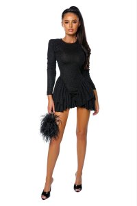 Rochie Neagră cu Volane Sparkle Ruffle Dress - 1