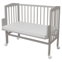 Patut, Waldin, Bedside 2in1 Gri, 90x55 cm, lemn de fag, vopsea certificata, roti blocabile, laterala detasabila, co-sleeping, Saltea inclusa - 1