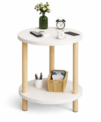 Masuta laterala rotunda cu polita, blat alb si picioare din lemn natural, 40 x 53 cm - 1