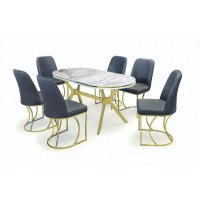 Set TIMARA, masa cu 6 scaune, ovala, 6 persoane, marmura calcutta + auriu + gri, 160x80 cm - 1