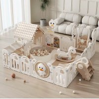 Gardulet loc de joaca interiorexterior Nichiduta Garden cu margini rotunjite,Poarta de siguranta,Leagan,Balansoar,Casuta,Cos de baschet,Organizator,Tobogan,Piscina uscata,Covoras spuma 1cm grosime Happy House Beige - 1