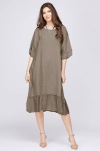 Rochie midi bej fango din in cu detalii din matase si funda la spate - 1