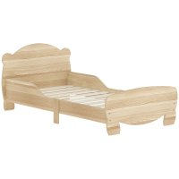 Pat copii AIYAPLAY 70x140 cm, din lemn natural, cu bariere de siguranta si design cu urs, pentru varstele 3-6 ani - 1