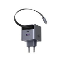Incarcator rapid cu cablu retractabil UGREEN 45W GaN Fast Charger X614, 2 x USB C + 1 x USB A, Gri - 1