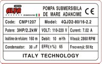 Pompa submersibila ALFA CMP1560, 4QJD2-80/16-2.2, 2.2kW, 10.000 l/h, Hmax 160m, inox, 30m cablu, racord 1-1.5" - 4