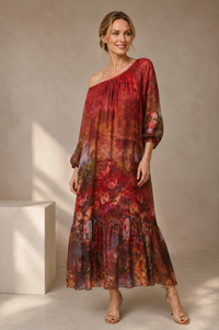 Rochie lunga din matase si vascoza, cu imprimeu floral artistic, rosie - 1