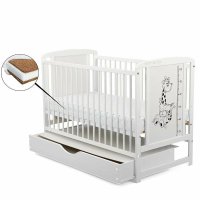 Patut BabyNeeds Timmi Girafa, 120x60 cm, alb, din pin si MDF, cu sertar si saltea Cocos Confort de 8 cm - 1