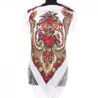 Esarfa gipsy patrata mare, tip Pavlovo Posad cu imprimeu floral traditional pe fond alb - 1