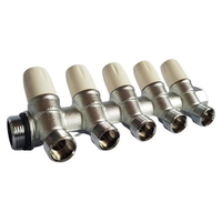 Distribuitor din alama cu robineti, 5 cai, racorduri laterale 3/4" - 1
