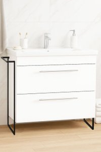 Set Baza pentru Baie MDF cu Lavoar seria 754, Cadru Metalic, Sertare, 80 cm, Alb - 1