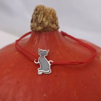 Bratara personalizata cu pisica neagra, argint 925 si snur reglabil - 1