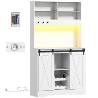 HOMCOM Dulap de Bucătărie Rustic 180 cm cu Priză și LED, Suport pentru Sticle, Rafturi Deschise, Uși Glisante, Alb | Aosom Romania - 1