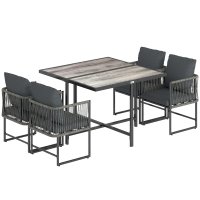Outsunny Set de mobilier pentru grădină din polyrattan, 5 piese, cu masă și 4 scaune, blat DPC, perne incluse, gri | Aosom Romania - 1