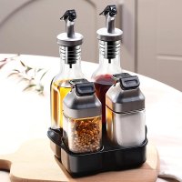 Set 5 piese pentru condimente si ulei din sticla cu suport elegant - 1