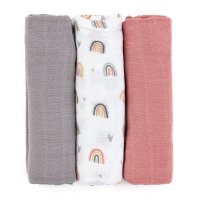 Set de 3 scutece PetiteMars din muselina de bambus Moussy Rose Rainbow, 68 x 68 cm, Multicolor - 1