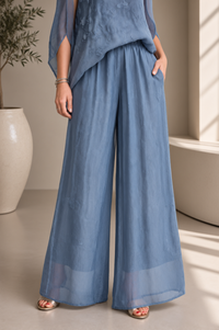 Pantaloni eleganti pentru femei, largi, din matase si vascoza, albastru jeans usor prespalat - 1