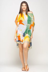 Rochie de plaja poncho cu design abstract in portocaliu, galben si verde din vascoza - 1
